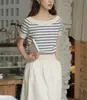 Francês oco azul listrado malha manga curta camiseta feminina verão fino chique chique curto off-shoulder top