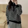 Otoño/Invierno Transfronterizo Nuevo Estilo Suéter de Rayas con Media Cremallera Suéter Chic para Mujer Holgado Corto Estilo Perezoso Prendas de Punto Versátiles
