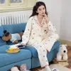 Conjunto de Pijama tipo cárdigan de algodón para mujer con solapa, copas fijas en el pecho, mangas largas, pantalones largos, conjunto de otoño para casa con soporte en el pecho