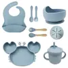 Productos para Maternidad y Bebés Juego de Vajilla de Silicona Silicona de Grado Alimenticio Plato de Cena de Tres Compartimentos Vajilla Infantil Juego de 9 Piezas en Stock