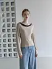 Nuevo Top de Punto para Mujer Otoño Estilo Coreano Retro Bloque de Color Sentido del Diseño Cuello Asimétrico Decoración de Botones Corte Ajustado