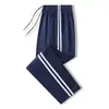 Calça escolar de seda coreana de primavera, estilo fino, para alunos do ensino médio, fundamental II e fundamental I, com uma única faixa refletiva azul escuro