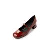 Sapatos Mary Jane Românticos Dourados em Couro Genuíno 2023 Primavera Salto Médio Grosso Bico Arredondado Sapatos de Salto de Couro Patenteado Fada Ovelha