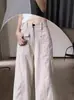 Estilo Americano Arroz Damasco Ferramentas Jeans Feminino Primavera e Verão 2025 Novo Cintura Alta Solto Dosagem Perna Reta Perna Larga Calças Casuais