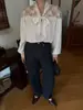 Novedad para Otoño 8/10 Principios de Otoño Elegante Camisa de Encaje Patchwork con Lazo de Manga Larga Estilo Francés para Mujer F1019