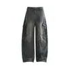 Jeans de pierna curva multibolsillos de moda estilo americano para hombre, pantalones de trabajo casuales versátiles de pierna ancha retro de alta costura