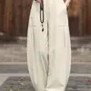 Calça de Linho de Algodão Retrô Cintura Alta Pantalona Feminina Verão Artística Cor Sólida Emagrecedora Algodão Linho Casual Solta Para o Trabalho Drapê Calça Longa