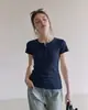 Camiseta azul marino de manga corta con cuello henley para mujer, top sencillo de verano ajustado, ceñido, adelgazante, modelo nuevo 2026