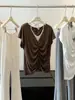 Conjunto de Camiseta de Manga Corta con Cuello Halter Estilo Puro Deseo para Mujer, Nuevo Diseño de Verano con Color Contrastante y Top plisado ajustado