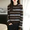 Nuevo Estilo de Primavera y Otoño Cárdigan de Punto de Lana con Cuello Redondo para Mujer, Versátil Chaqueta Superior Holgada de Manga Larga a Rayas Bloqueadas por Color para Mujer