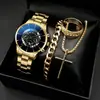 Reloj para Hombre de Moda Tendencia Falso Tres Ojos Calendario Reloj 4 Piezas/Set Hombres Negro Minimalista Cuarzo Reloj Set
