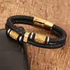 Pulseira nórdica viking atacado aço inoxidável ouro tira dupla couro tecido pulseira multicamadas couro pulseira jóias