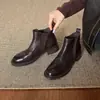 Botines Chelsea de Cuero Genuino Nuevos Otoño/Invierno Negros sin Cordones Tacón Grueso Tobillo Comercio Exterior Transfronterizo Punta Redonda Estilo Británico Botines Descalzos para Mujer