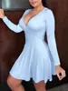 Foto Oficial Cor Pura Gola V Manga Longa Estilo Saia Midi Elegante para o Trabalho Cintura Média Vestido