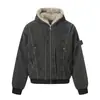 Jaqueta Jeans Masculina de Inverno Solta Estilo Americano Streetwear Vintage Workwear com Capuz e Bordas Desfiadas