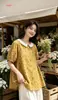 2026 Verano Nuevo Estilo Japonés Amarillo Pequeño Floral Encaje Adorno Cuello Cárdigan de Mujer Camisa Manga Corta Mayoreo