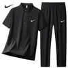 Camisa Polo Deportiva de Seda de Hielo para Hombre Traje de Verano Delgado Transpirable de Secado Rápido Manga Corta Pantalones Casuales Traje de Dos Piezas para Hombre