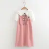 25028 Vestido de Tirantes Flor de Sol Estilo Mori Girl Dulce Juvenil Japonés Camisa Cuello de Muñeca Traje de Dos Piezas