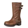 Botas de mujer para comercio exterior transfronterizo 2026, a media pantorrilla, punta redonda, tacón grueso, tallas grandes 34-45, tacón medio, hebilla de cinturón, botas de media pantorrilla estilo jinete