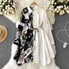 Diseño de nicho de alta gama costura impresa elegante vestido de manga larga otoño para mujer vestido camisa adelgazante