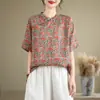 Foto Real de la Blusa Asimétrica Estampada en Lino Floral de Estilo Dulce Vintage Nuevo de Nicho para Mujer Verano 2026