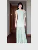 Vestido de Malla Patchwork Verde Estilo Francés de Moda para Mujer, Nuevo Modelo de Verano, Estilo Vacaciones en la Costa, Fresco y Rejuvenecedor, Vestido Bodycon
