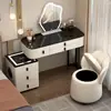 Tocador de madera maciza para dormitorio, tocador de maquillaje moderno minimalista de lujo ligero con armario de almacenamiento integrado y carga inalámbrica inteligente