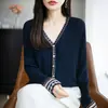 Cárdigan de lana jacquard estilo étnico para mujer, primavera y otoño, lana pura de hilo fino, cuello en V, holgado, informal, prenda exterior, top de punto