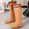 Botas de lluvia casuales impermeables, elásticas, para todas las estaciones, impermeables y antideslizantes, con forro de polar, estilos de media pantorrilla y alta para mujer para el invierno
