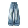 Jeans retro azules de cintura alta, pantalones largos de moda para mujer bordados con forma de estrella y luna creciente, nueva colección de otoño, pantalones de pierna ancha que hacen que las piernas parezcan más largas