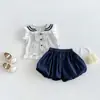 Dianxi Bebé Verano Nueva Llegada Chaleco Rayas con Lazo Estilo Universitario Pantalones Cortos tipo Bloom Casual para Bebé Conjunto de Dos Piezas