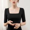 Blusa de Verão com Decote Quadrado Estilo Francês para Mulheres, Manga Curta, Ajuste Slim, Manga Três Quartos, Camiseta de Algodão Puro, Camisa de Meia Manga Estilo Europeu para Início de Outono