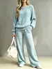 Conjunto de Tricô para Mulheres, Comércio Exterior Europeu e Americano, Outono e Inverno 2026, Conjunto de Duas Peças, Blusa de Gola Redonda com Manga Longa, Calça de Pernas Largas, Atacado
