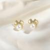 Pendientes de botón pequeños de perla y lazo estilo coreano con diamantes, lindos estilo Mickey celebridad de internet estilo bosque, compactos, modernos, versátiles