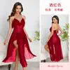Camisón de Malla Fina Transparente de Verano con Tirantes de Pedrería Volante Espalda Abierta Abertura Alta Camisola Vestido para Casa Mujer 896