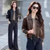 Chaqueta de Cuero con Solapa de Moda para Mujer, Estilo Corto, Nuevo Modelo Primavera y Otoño 2026, Elegante Retro, Petite, Chaqueta Biker que Reduce la Edad