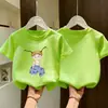 Camiseta de Algodão Puro de Manga Curta para Meninas Verão Nova Estampa de Desenho Animado Top Soltinho Amigo da Pele de Meia Manga para Menininha