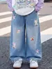 Jeans para Niña 2026 Otoño Nuevo Elegante Pedrería Hotfix Pantalones Casuales Sueltos para Niños Bordado con Temática Oceánica Pantalones de Pierna Recta