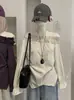 Camisa Omalai con Escote Asimétrico Hombros Descubiertos Fruncida de Manga Larga para Mujer, Nuevo Estilo Primavera Temprana, Top Fruncido a la Cintura con Rayas Verticales 6846