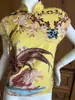 Nuevo cheongsam mejorado de estilo chino con estampado floral y de pájaros vintage, de manga corta, calado, cuello alto, cierre diagonal, corte ajustado y elegante para mujer