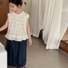 Camiseta Infantil de Verão 2025 para Meninas Colete Retro Francês Floral de Renda Calça Jeans Coreana para Menininha