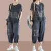 Traje de camiseta de manga corta con estampado artístico retro de verano 2024 para mujer, conjunto casual holgado de dos piezas de mezclilla Tencel