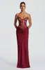 Vestido Longo Casual da Moda 2026 Estilo Y2K Bordado Vinho Sem Alças com Efeito Drapeado e Caimento Justo