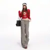 Pantalones de trabajo funcionales retro estilo americano en color gris para mujer, diseño nuevo, pantalones holgados de pierna recta hasta el suelo