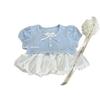 Conjunto de Verão para Meninas Bebê Estiloso Infantil Tendência Versão Coreana Falso Duas Peças Camiseta com Laço e Saia Curta Estampada Bufante