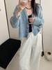 Nuevo Cárdigan de Punto Suave y Acogedor con Cuello en V para Mujer, Abrigo Suéter Holgado Estilo Coreano, Azul Leche con Bordes Ondulados, Versátil para Otoño e Invierno