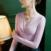 Camiseta Feminina com Decote V Cruzado Escovado Slim Fit Outono 2022 Novo Estilo Manga Longa Interna Camisa Base de Inverno Quente Estilosa