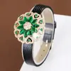 Novo Bracelete de Couro com Flor de Zircônia Esmeralda Exquisita Estilo Francês, Moderno e Versátil para Mulheres, Disponível Exclusivamente para Vendas Transfronteiriças