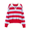 Suéter de Punto a Rayas con Cuello Polo Estilo Retro Americano para Mujer, Jersey Holgado y Casual para Otoño e Invierno, Venta al por Mayor