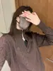 Suéter de Punto Trenzado Color Café Estilo Old Money para Mujer, Suéter con Cremallera y Cuello Semiabierto, Camisa Base de Punto Chic Perezoso de Manga Larga para Otoño e Invierno